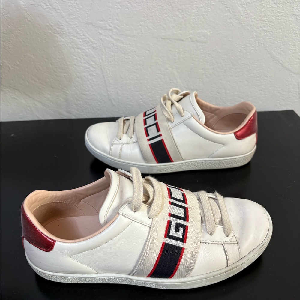 Gucci White Sneakers with Red and Black Stripes